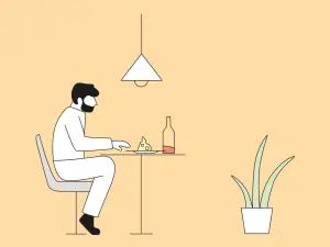 Illustrierte männliche Person die am Tisch mit Käse und Wein sitzt