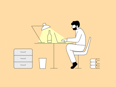 Illustrierte männliche Person sitzt in einem Büro am Laptop