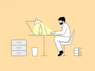 Illustrierte männliche Person sitzt in einem Büro am Laptop